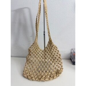 Boho Beige Macrame Net Tote Bag Woven Mesh Market Beach Shoulder Bag Slouchy